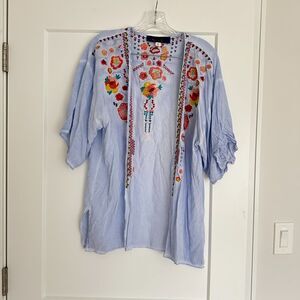 Blue Rain Floral Lightweight Open Cardigan Top Size S Embroidered